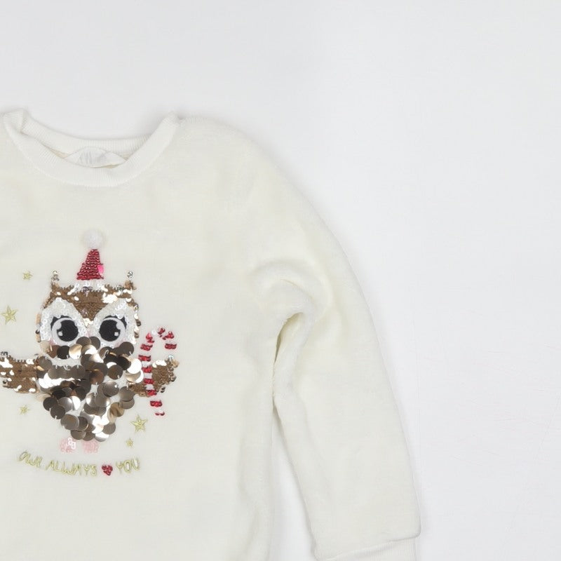 H&M Girls White 3-4 Years Pullover Sweatshirt Sequin Christmas Owl