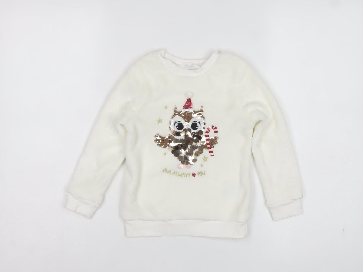 H&M Girls White 3-4 Years Pullover Sweatshirt Sequin Christmas Owl