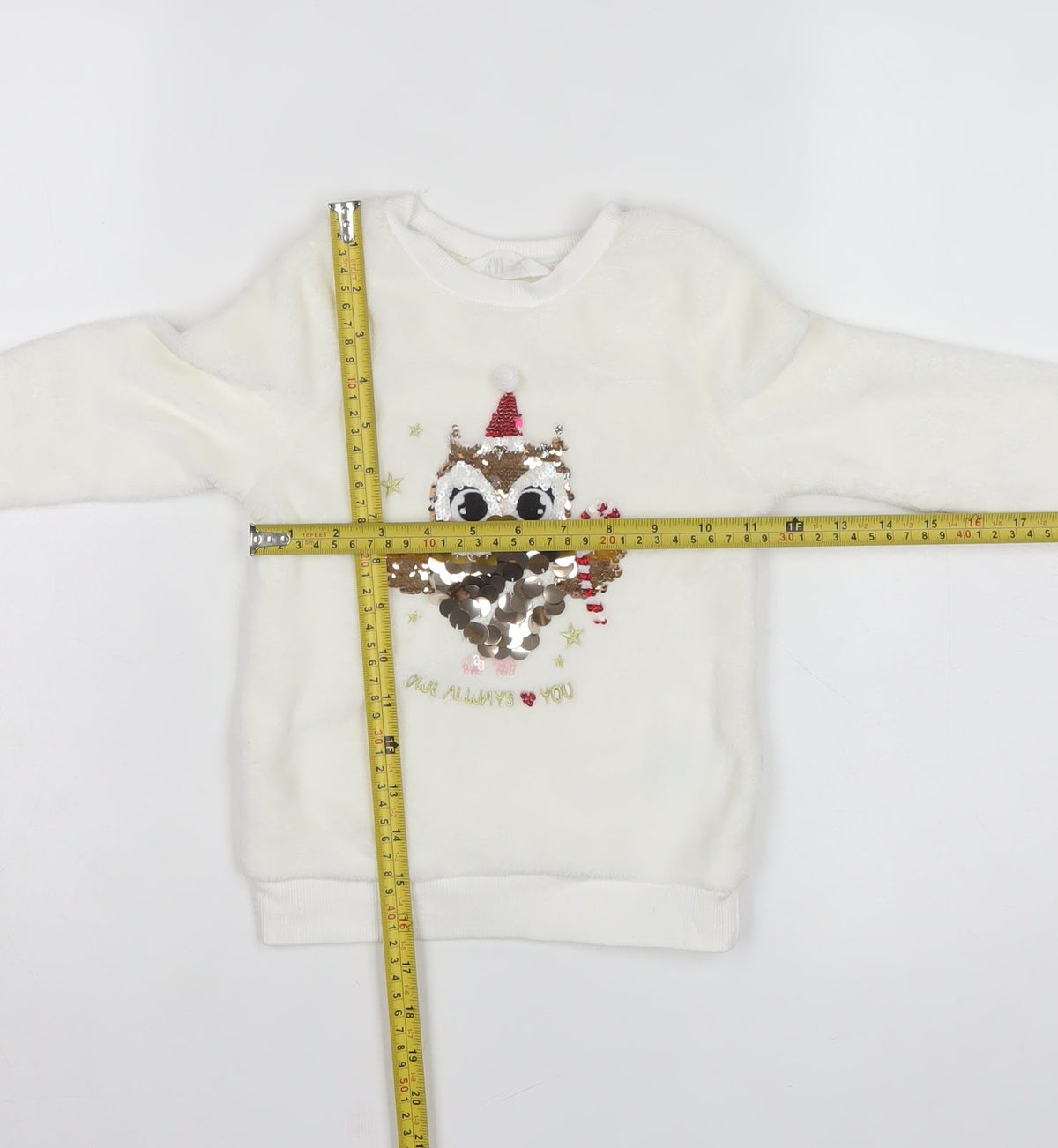 H&M Girls White 3-4 Years Pullover Sweatshirt Sequin Christmas Owl