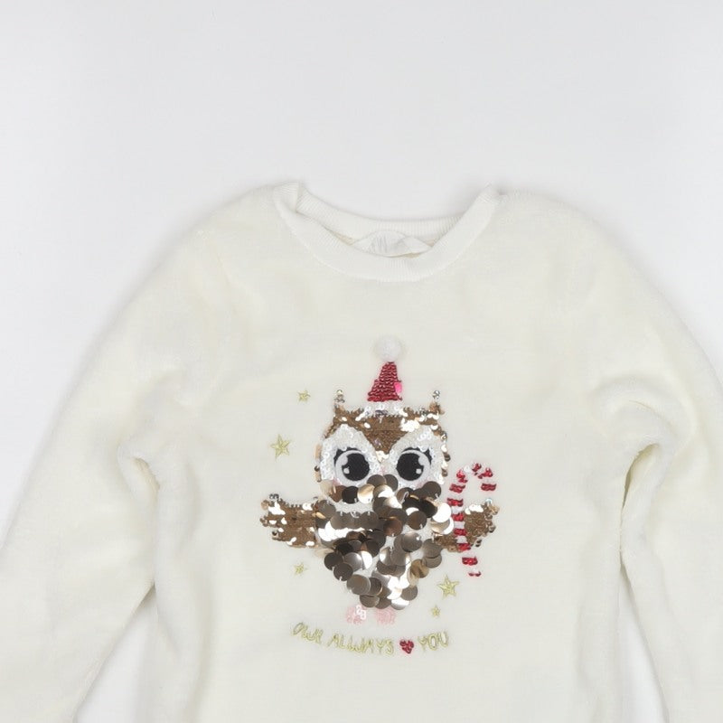 H&M Girls White 3-4 Years Pullover Sweatshirt Sequin Christmas Owl