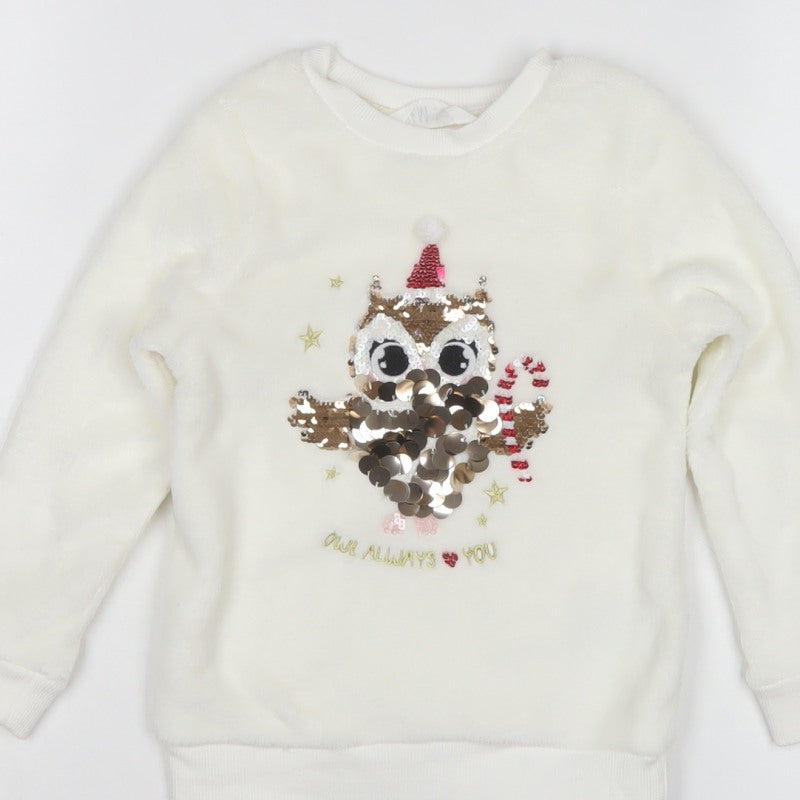 H&M Girls White 3-4 Years Pullover Sweatshirt Sequin Christmas Owl