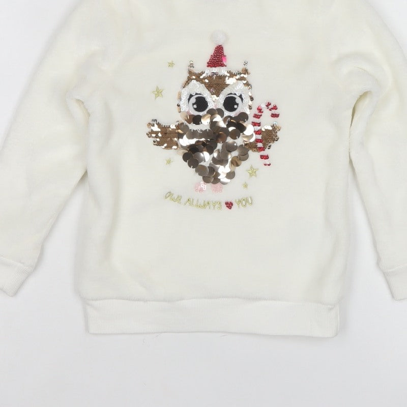 H&M Girls White 3-4 Years Pullover Sweatshirt Sequin Christmas Owl