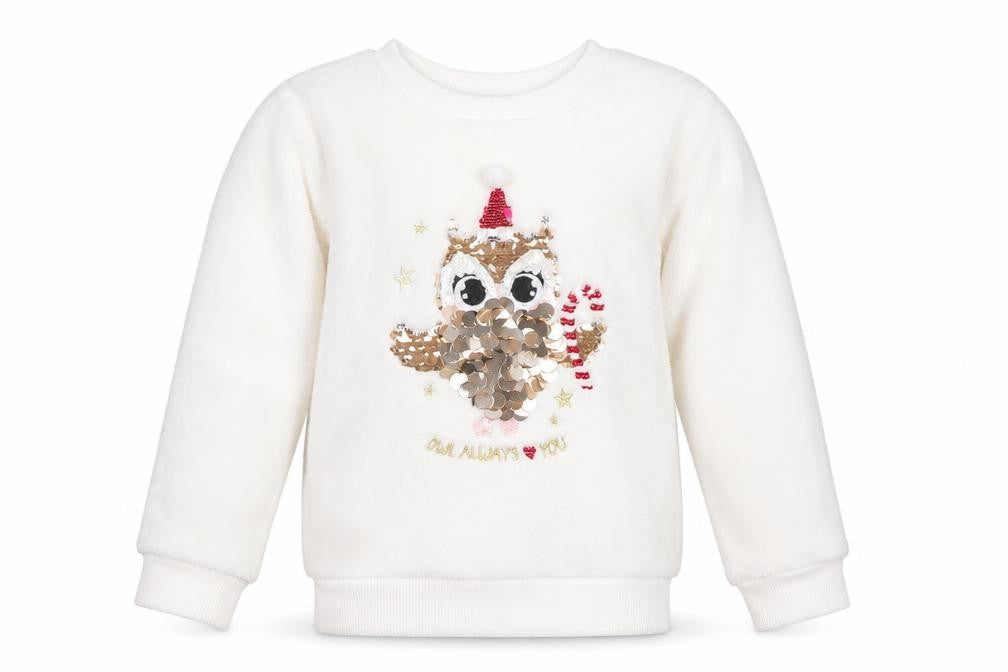 H&M Girls White 3-4 Years Pullover Sweatshirt Sequin Christmas Owl