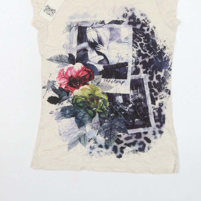 Firetrap Women Ivory S Basic Floral Leopard Graphic Cotton T-Shirt