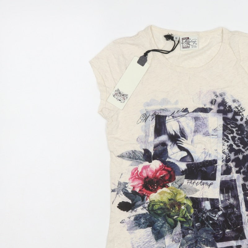 Firetrap Women Ivory S Basic Floral Leopard Graphic Cotton T-Shirt