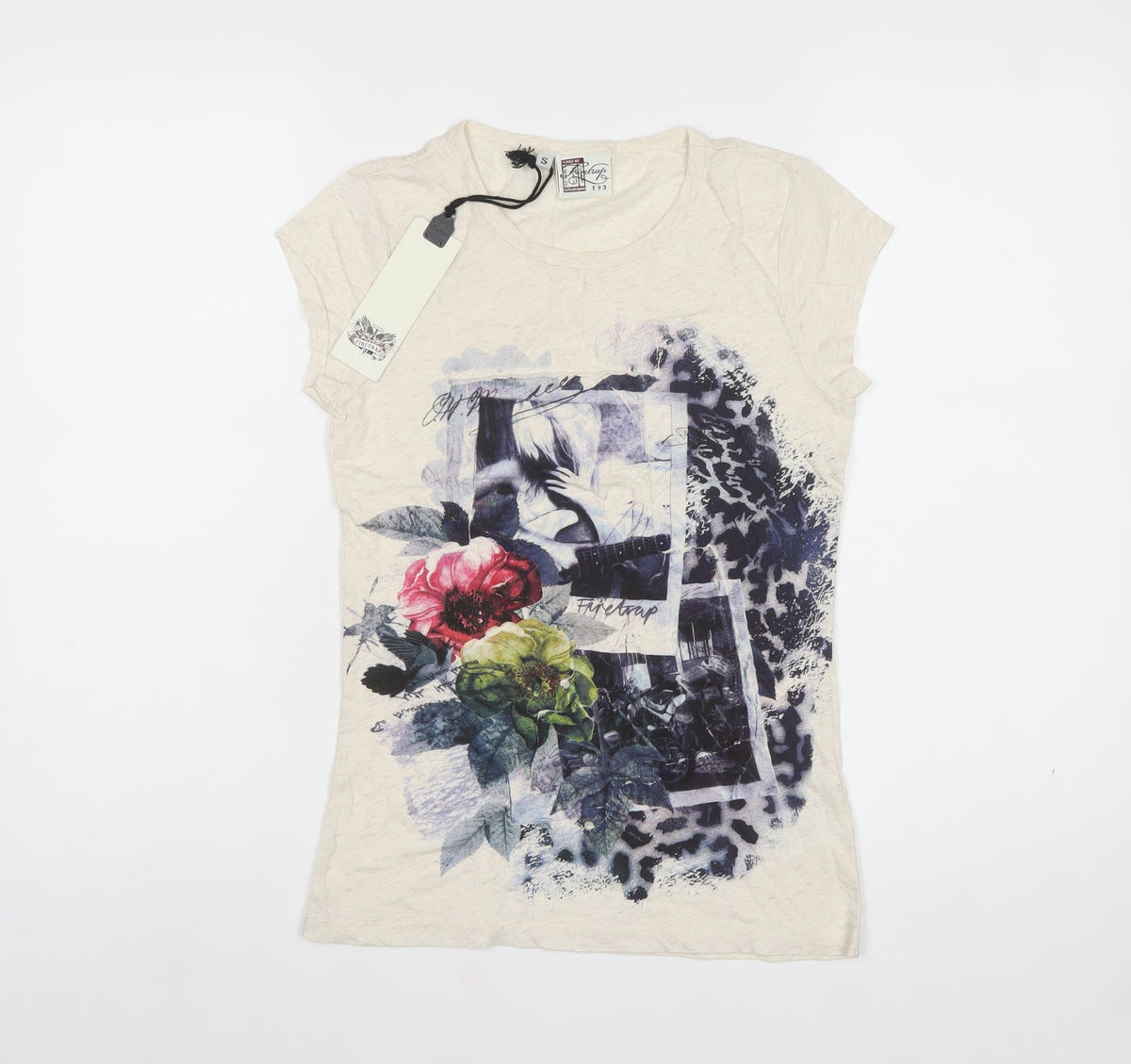 Firetrap Women Ivory S Basic Floral Leopard Graphic Cotton T-Shirt