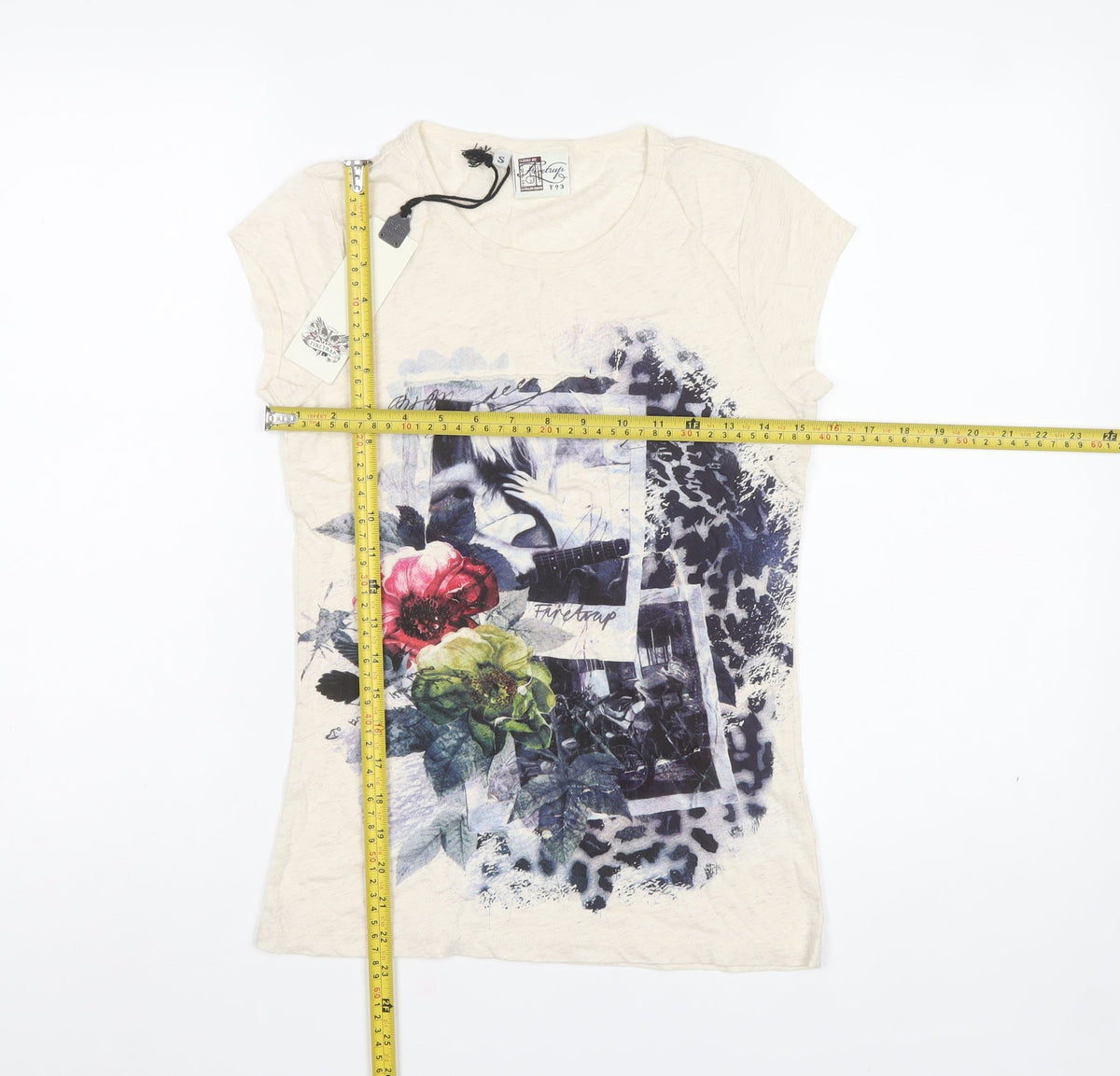 Firetrap Women Ivory S Basic Floral Leopard Graphic Cotton T-Shirt