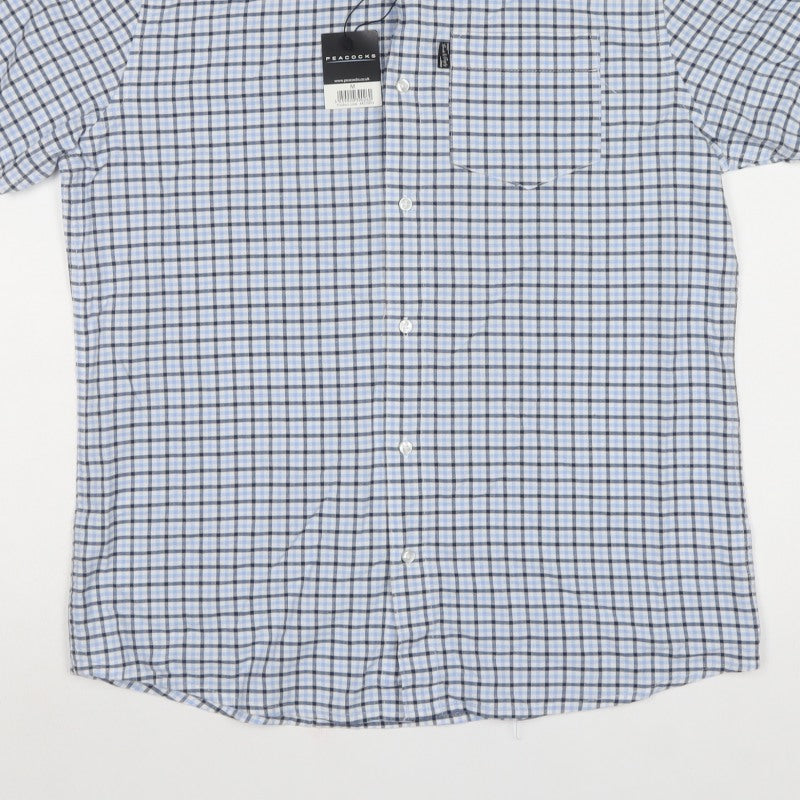 Peacocks Men Blue Check Cotton Button-Down Short Sleeve Shirt M