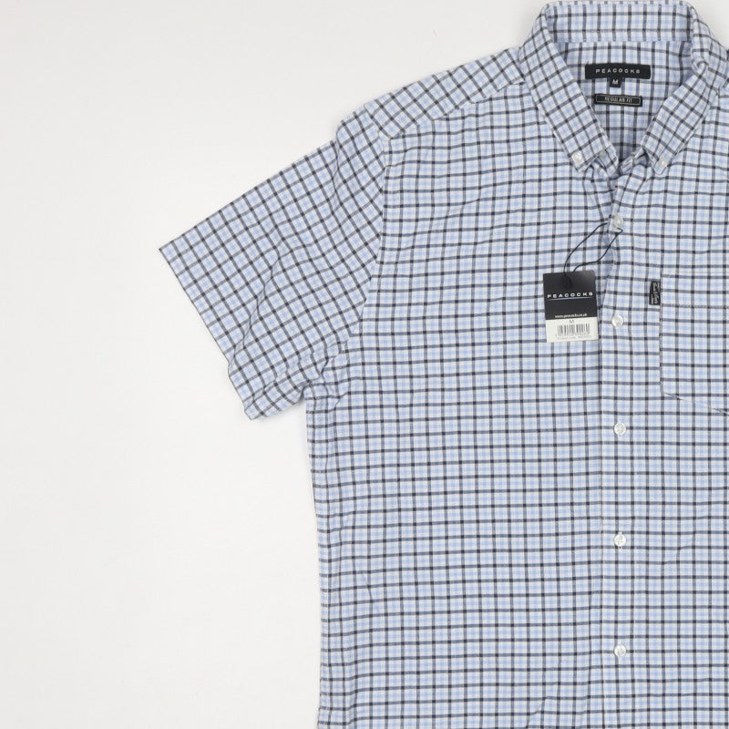 Peacocks Men Blue Check Cotton Button-Down Short Sleeve Shirt M
