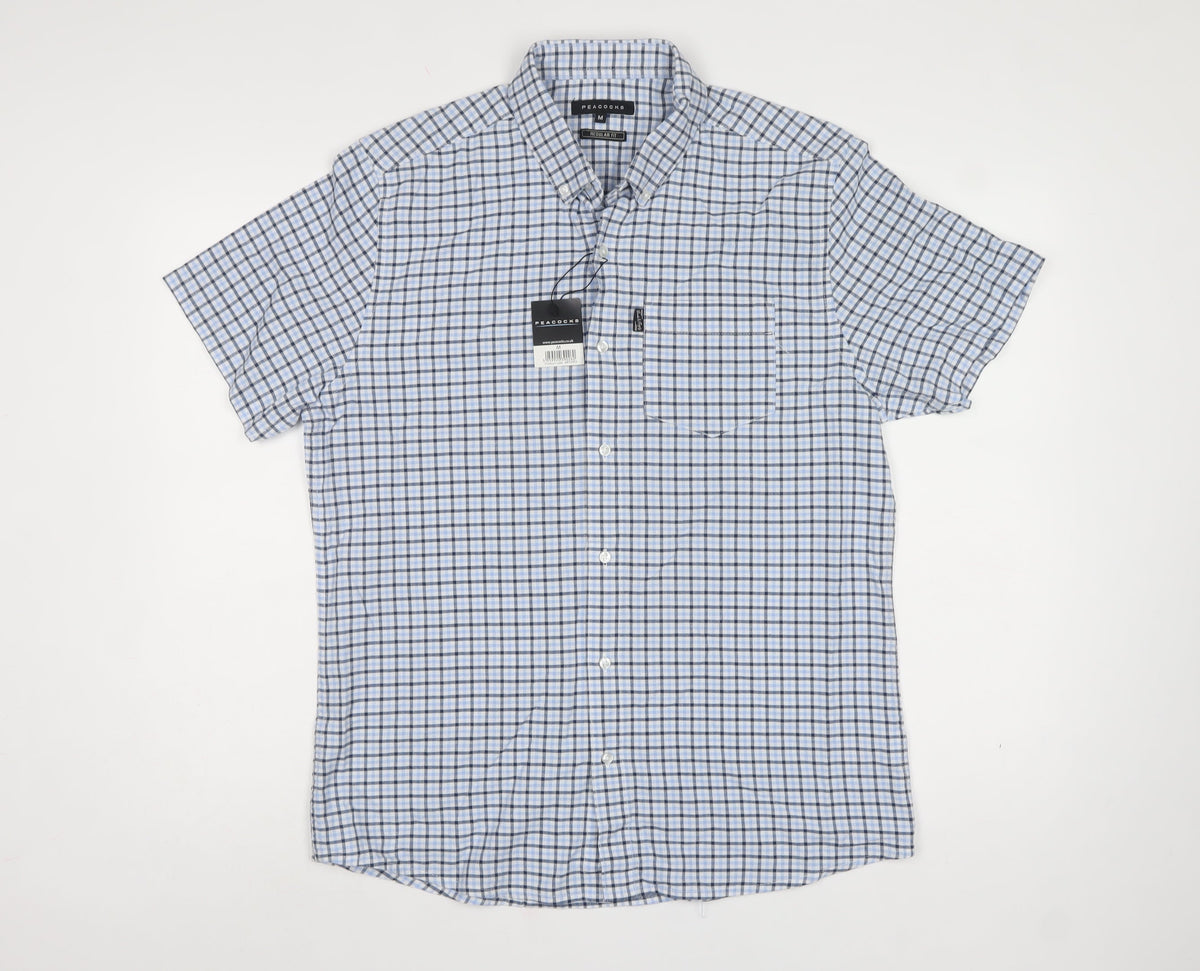 Peacocks Men Blue Check Cotton Button-Down Short Sleeve Shirt M