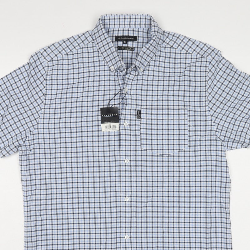 Peacocks Men Blue Check Cotton Button-Down Short Sleeve Shirt M