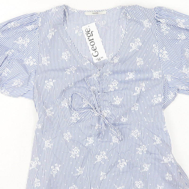 George Women Blue UK 12 Striped Embroidered Puff Sleeve V-Neck Blouse