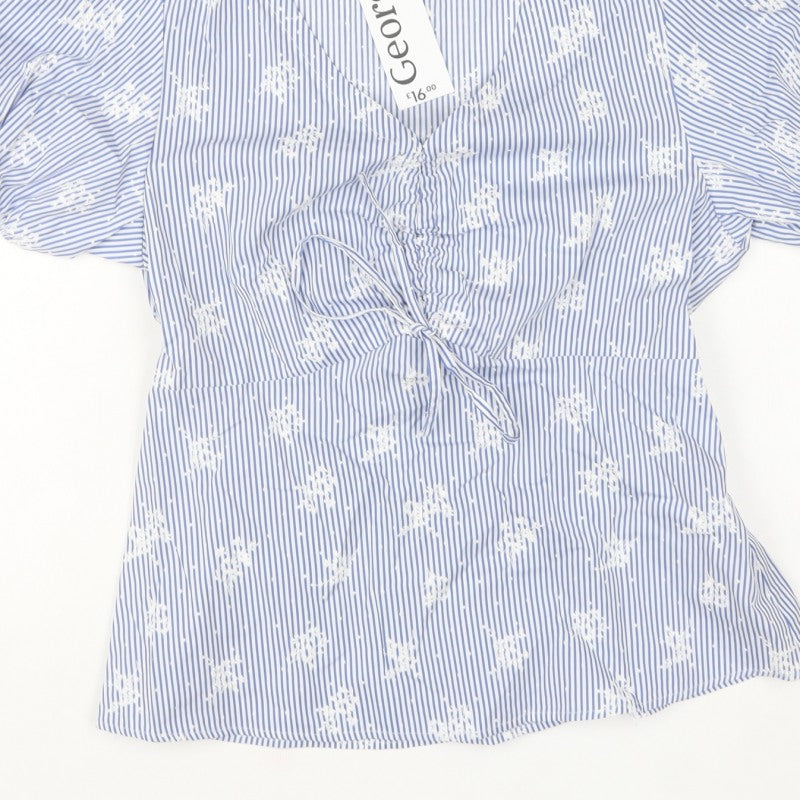George Women Blue UK 12 Striped Embroidered Puff Sleeve V-Neck Blouse