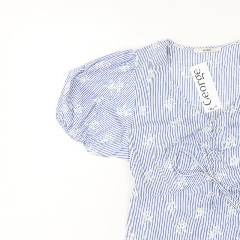 George Women Blue UK 12 Striped Embroidered Puff Sleeve V-Neck Blouse