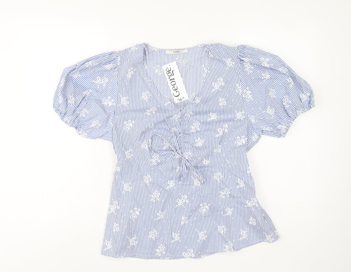 George Women Blue UK 12 Striped Embroidered Puff Sleeve V-Neck Blouse