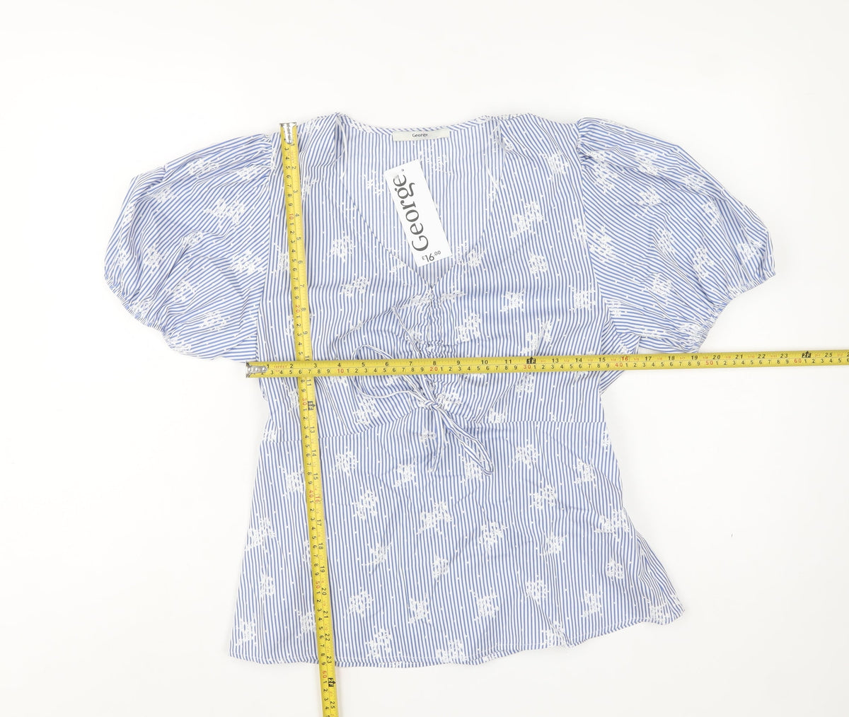 George Women Blue UK 12 Striped Embroidered Puff Sleeve V-Neck Blouse