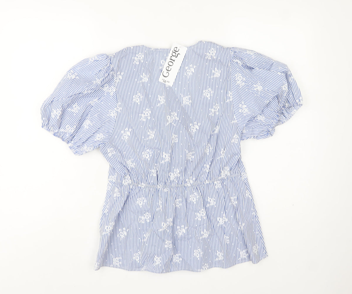 George Women Blue UK 12 Striped Embroidered Puff Sleeve V-Neck Blouse