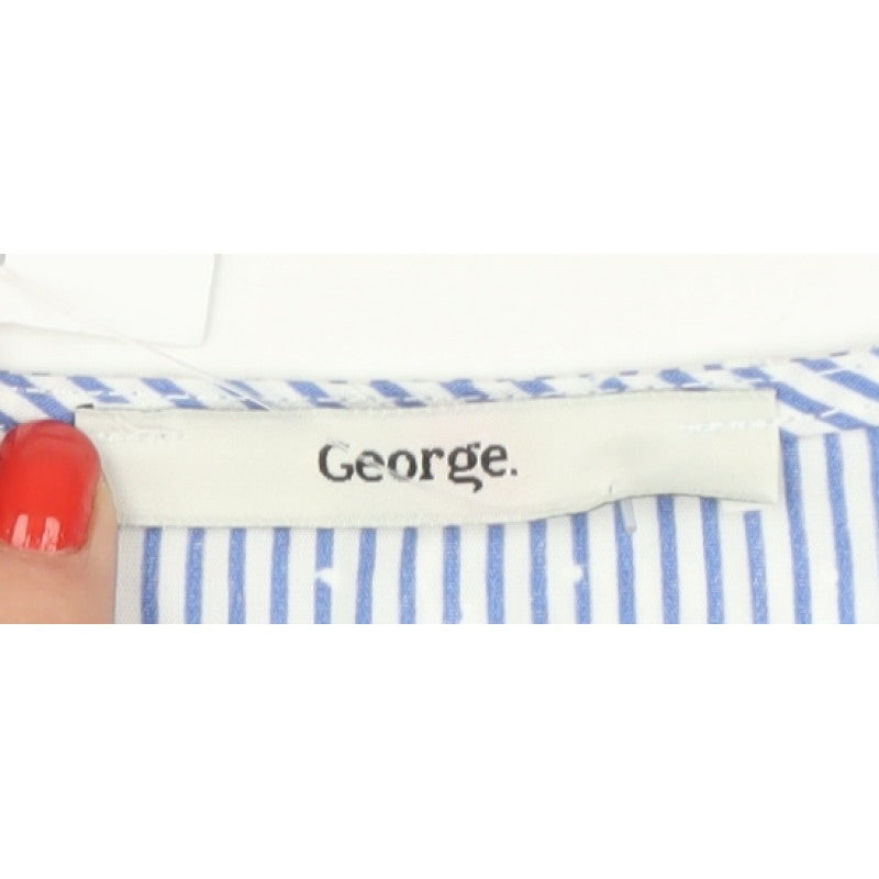 George Women Blue UK 12 Striped Embroidered Puff Sleeve V-Neck Blouse