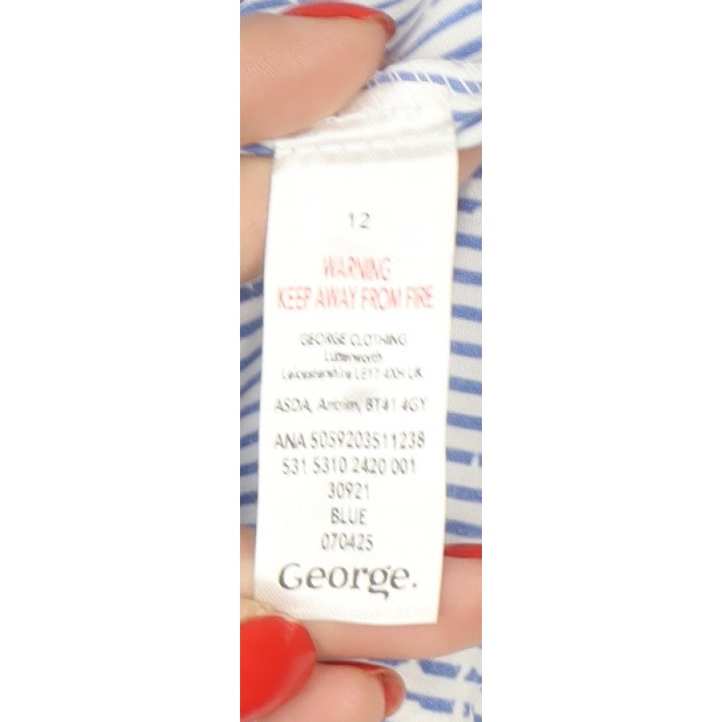 George Women Blue UK 12 Striped Embroidered Puff Sleeve V-Neck Blouse