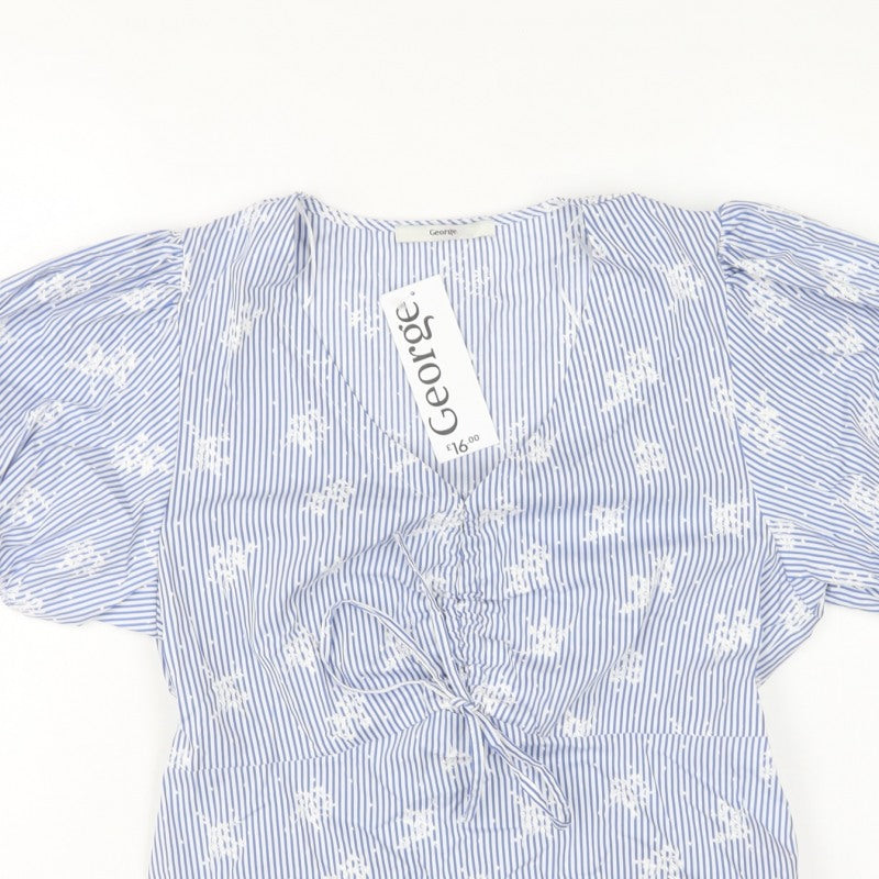 George Women Blue UK 12 Striped Embroidered Puff Sleeve V-Neck Blouse