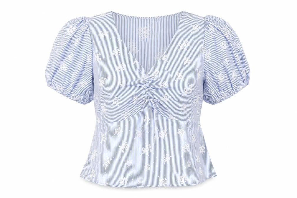 George Women Blue UK 12 Striped Embroidered Puff Sleeve V-Neck Blouse
