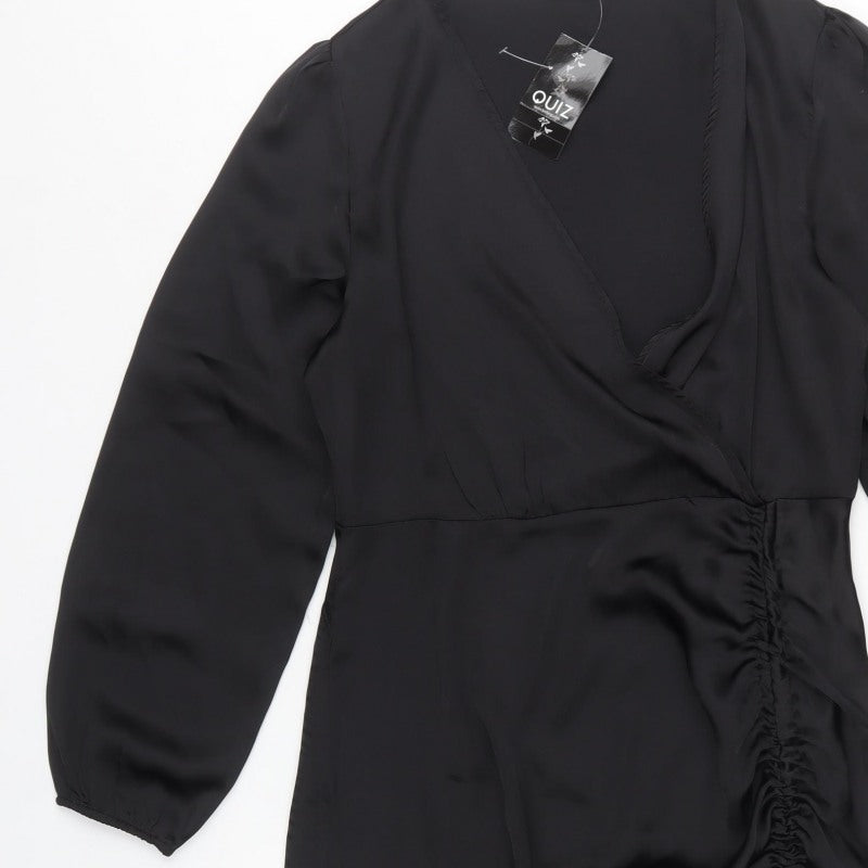 Quiz Women Black UK 14 Wrap Dress Ruched V-Neck Balloon Sleeves