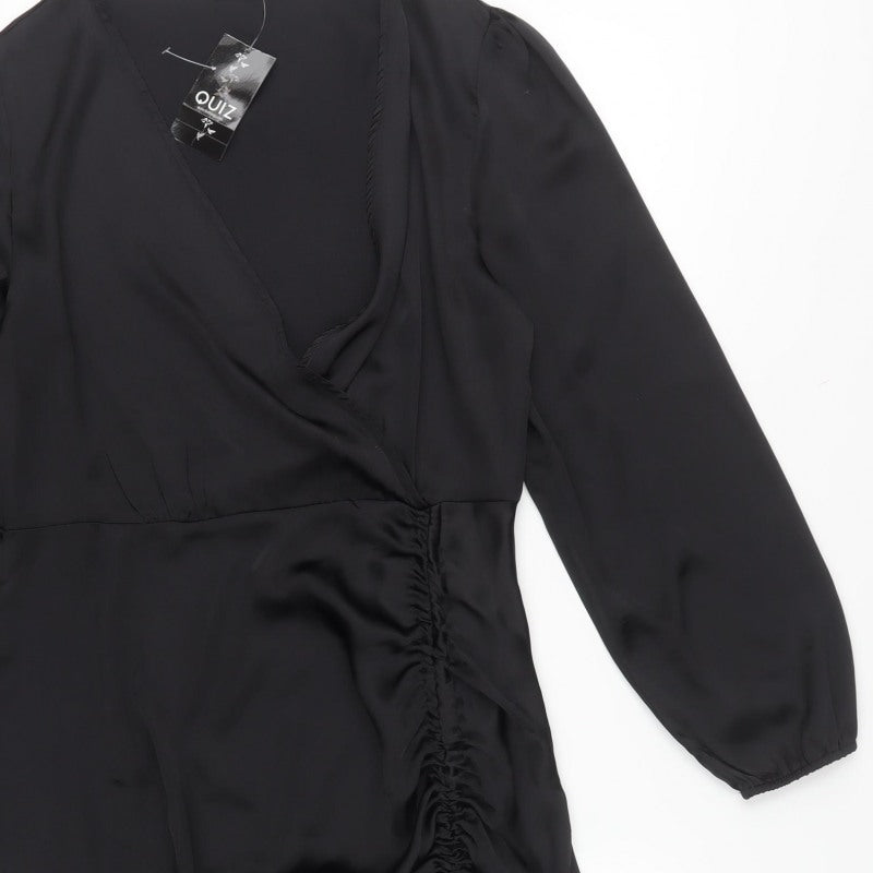 Quiz Women Black UK 14 Wrap Dress Ruched V-Neck Balloon Sleeves