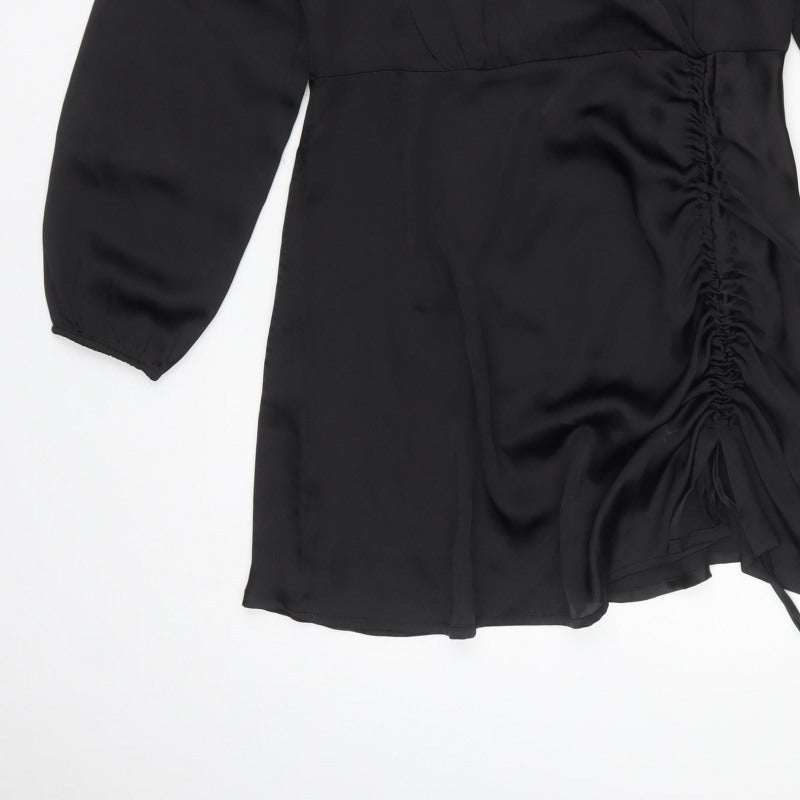 Quiz Women Black UK 14 Wrap Dress Ruched V-Neck Balloon Sleeves