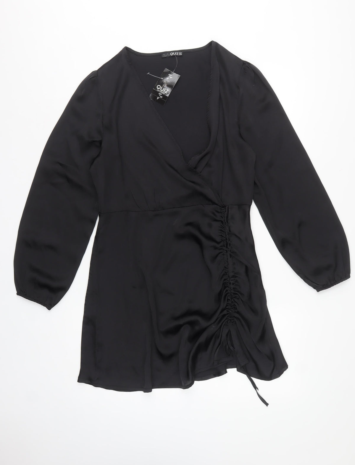 Quiz Women Black UK 14 Wrap Dress Ruched V-Neck Balloon Sleeves