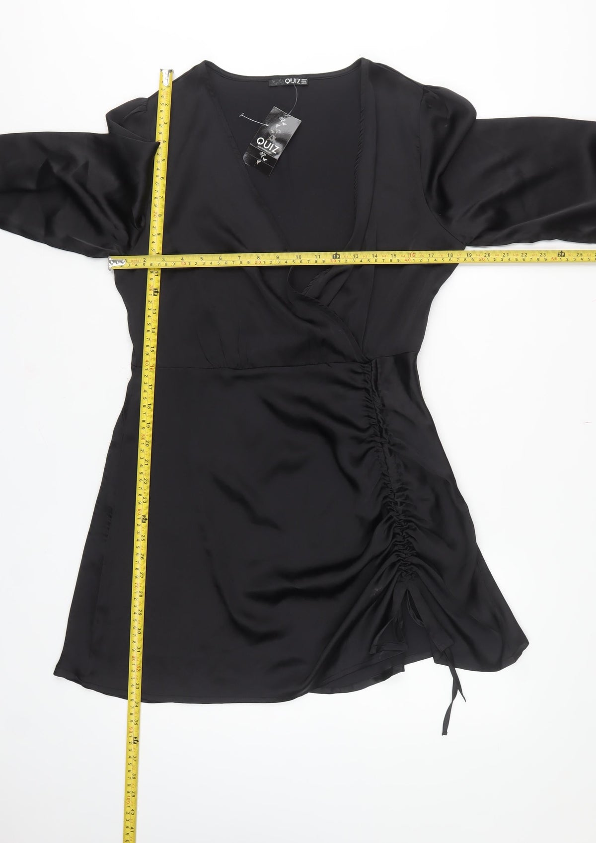 Quiz Women Black UK 14 Wrap Dress Ruched V-Neck Balloon Sleeves