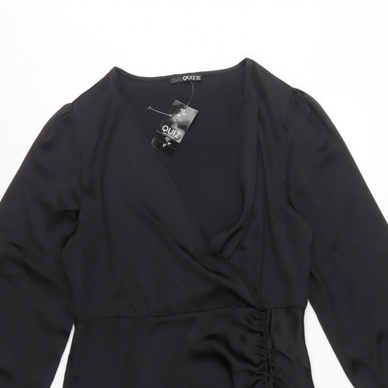 Quiz Women Black UK 14 Wrap Dress Ruched V-Neck Balloon Sleeves