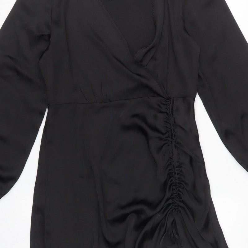 Quiz Women Black UK 14 Wrap Dress Ruched V-Neck Balloon Sleeves