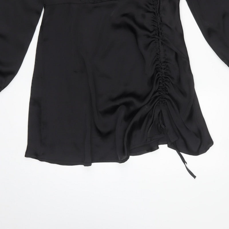 Quiz Women Black UK 14 Wrap Dress Ruched V-Neck Balloon Sleeves
