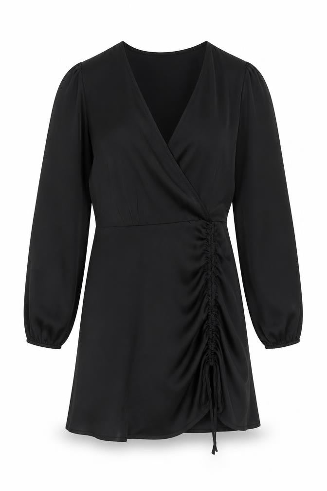 Quiz Women Black UK 14 Wrap Dress Ruched V-Neck Balloon Sleeves