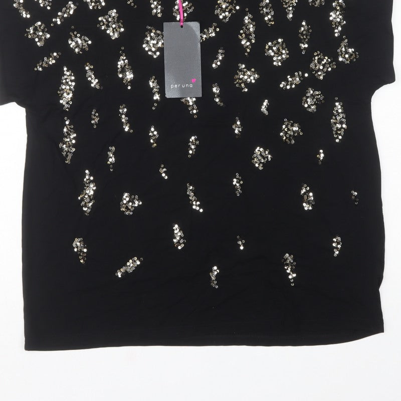 Autograph Women Black UK 18 Sequin Leopard Print Short Sleeve T-Shirt