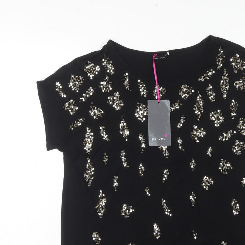Autograph Women Black UK 18 Sequin Leopard Print Short Sleeve T-Shirt
