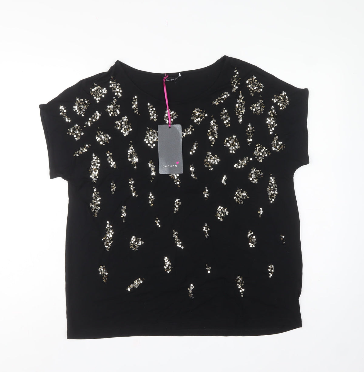 Autograph Women Black UK 18 Sequin Leopard Print Short Sleeve T-Shirt
