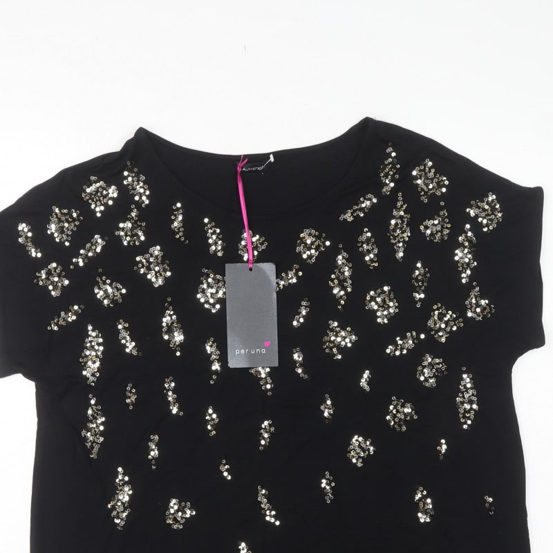 Autograph Women Black UK 18 Sequin Leopard Print Short Sleeve T-Shirt