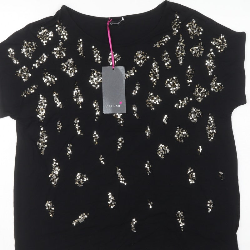 Autograph Women Black UK 18 Sequin Leopard Print Short Sleeve T-Shirt