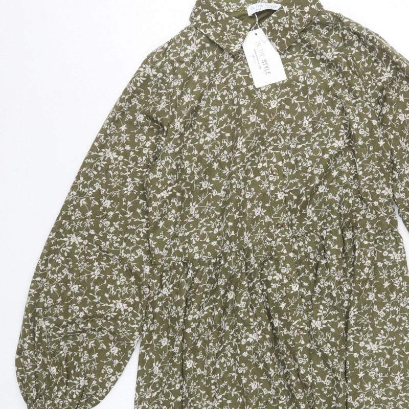 In The Style Women Green Floral UK 12 Shirt Dress Collared Long Sleeve