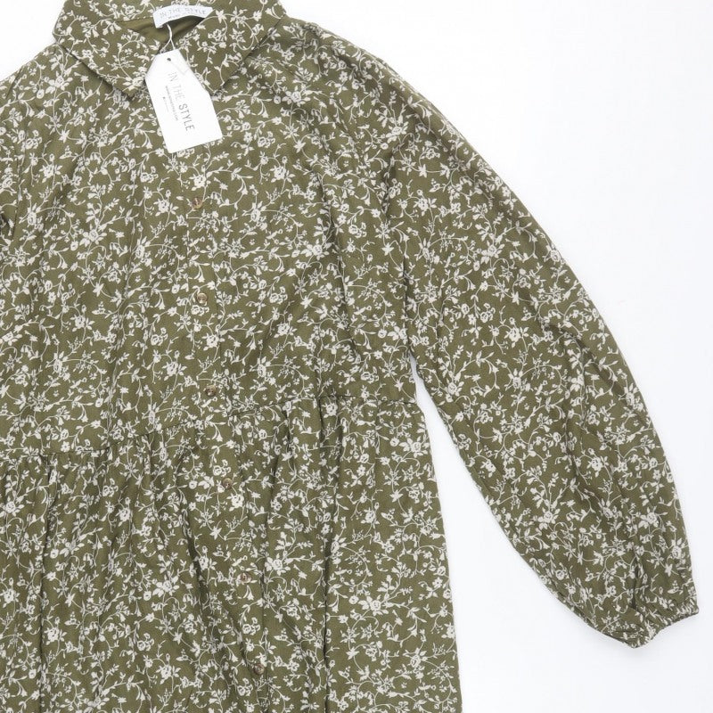 In The Style Women Green Floral UK 12 Shirt Dress Collared Long Sleeve