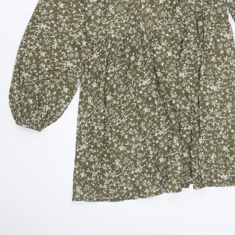 In The Style Women Green Floral UK 12 Shirt Dress Collared Long Sleeve