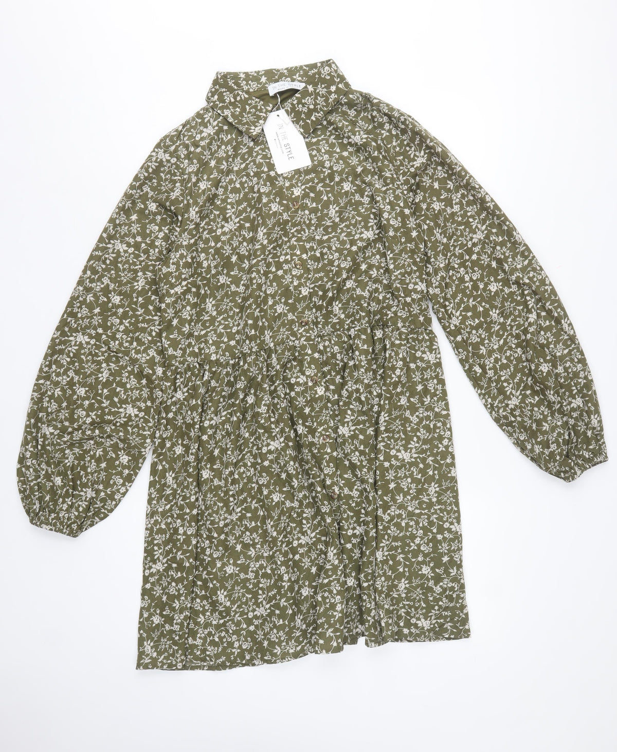 In The Style Women Green Floral UK 12 Shirt Dress Collared Long Sleeve