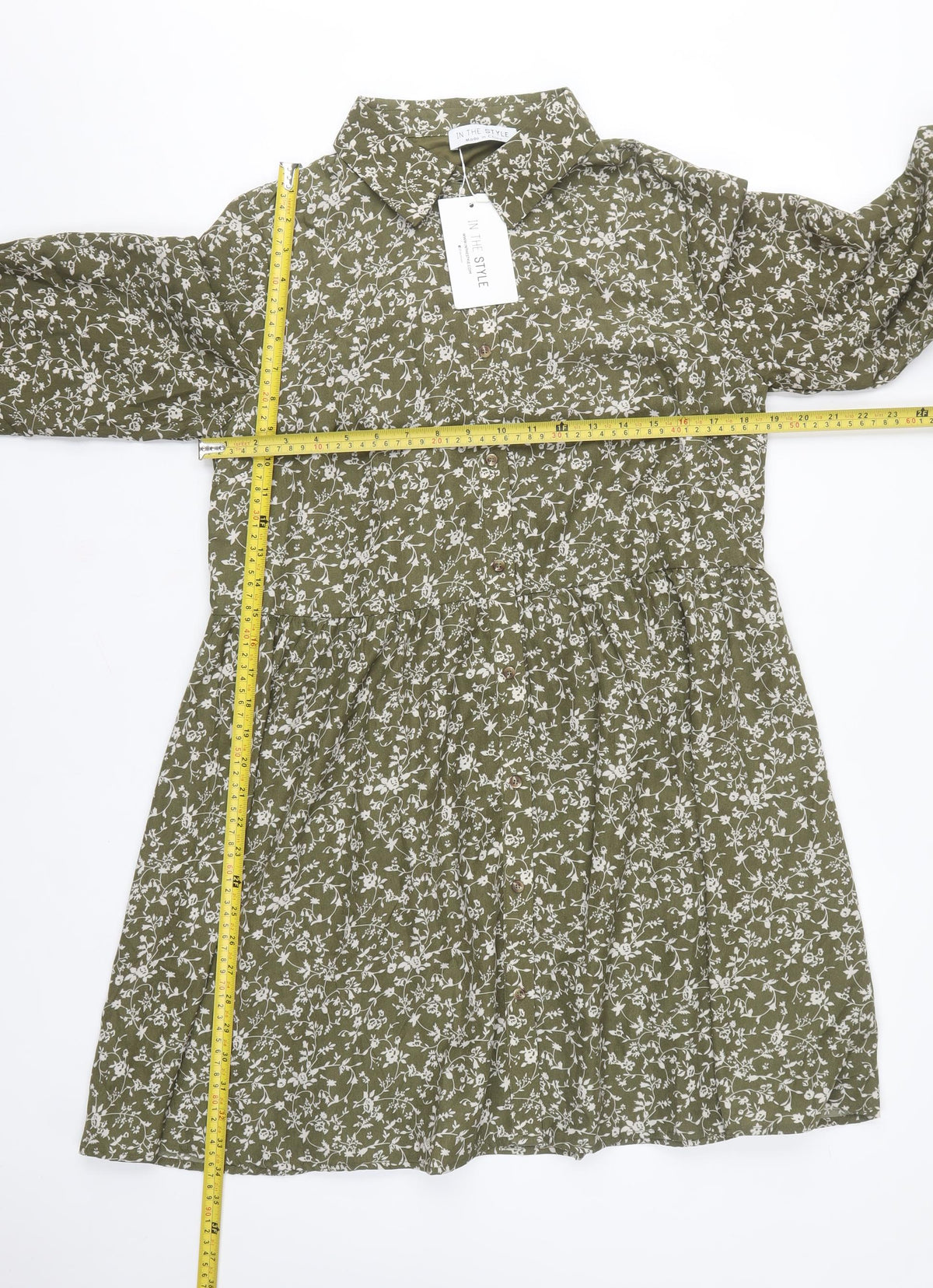 In The Style Women Green Floral UK 12 Shirt Dress Collared Long Sleeve