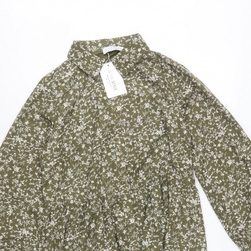 In The Style Women Green Floral UK 12 Shirt Dress Collared Long Sleeve