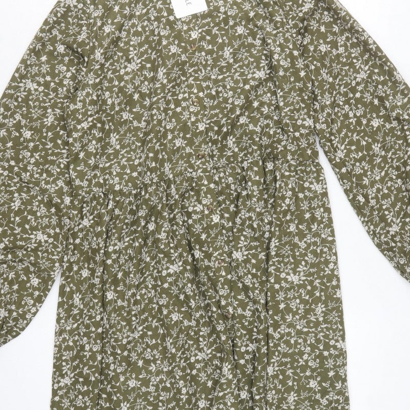 In The Style Women Green Floral UK 12 Shirt Dress Collared Long Sleeve