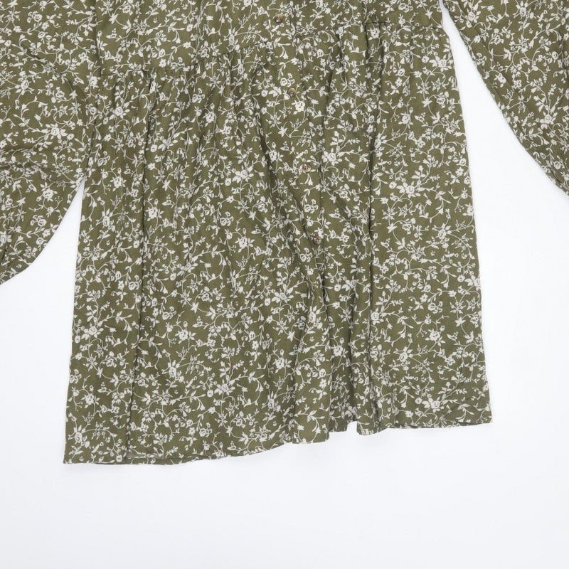 In The Style Women Green Floral UK 12 Shirt Dress Collared Long Sleeve