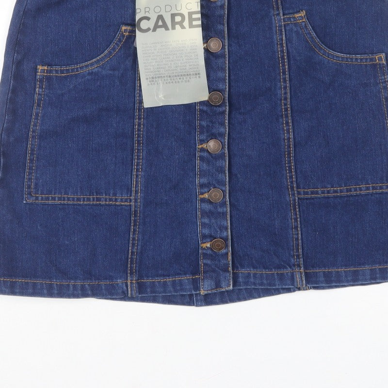 Stradivarius Women Blue Denim Mini Button Front Skirt UK 12 Cotton