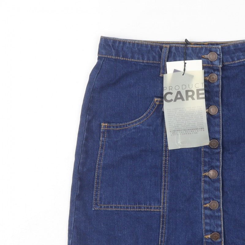 Stradivarius Women Blue Denim Mini Button Front Skirt UK 12 Cotton