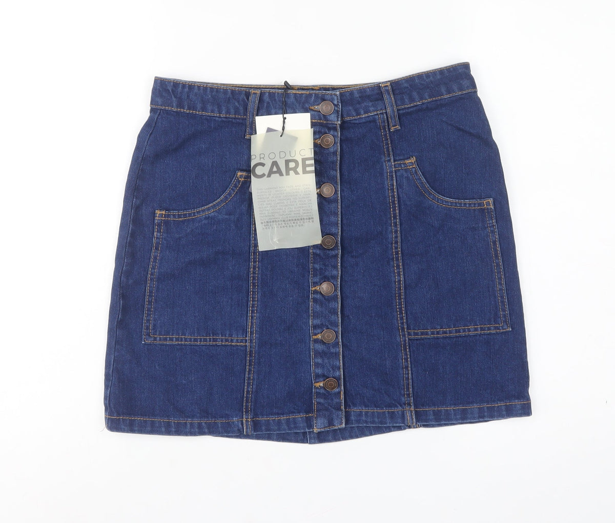 Stradivarius Women Blue Denim Mini Button Front Skirt UK 12 Cotton